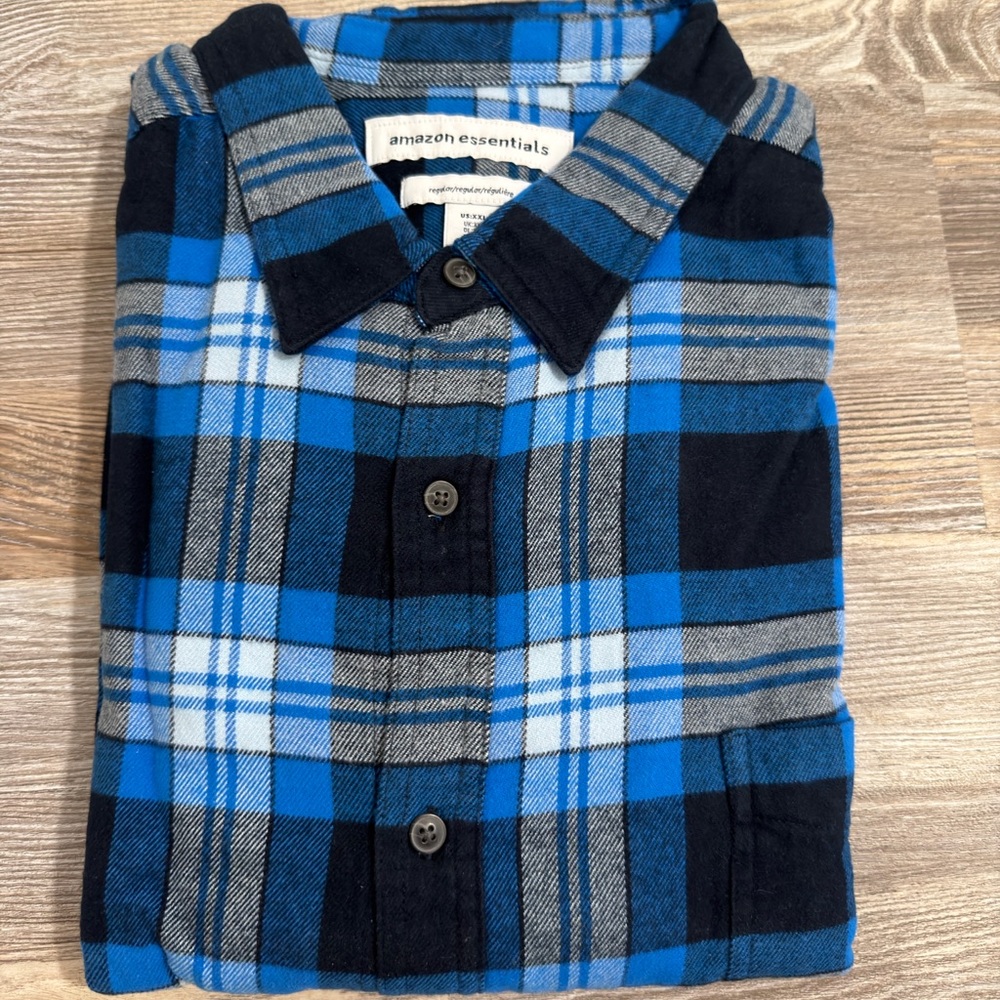Amazon Essentials Blue and Black Plaid Longsleeve Shirt